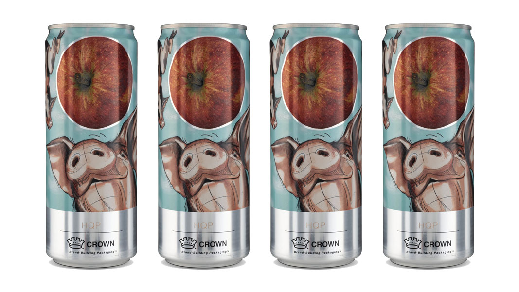 Four cans standing upright with detailed graphics of a cartoon pig and apple and images on the cans.