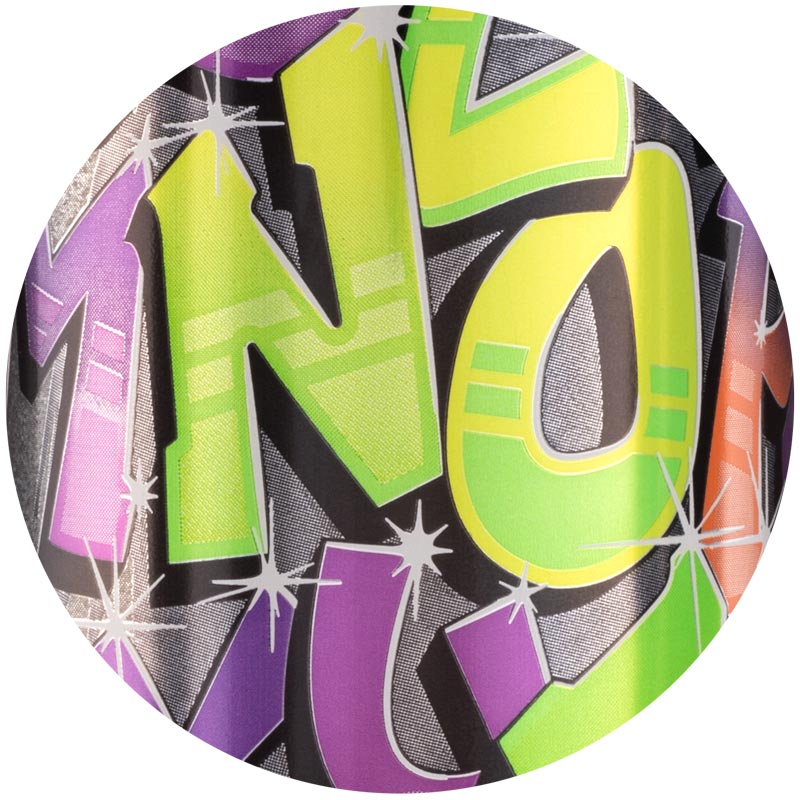 Detail of fluorescent can in regular light with random purple graffiti letters. The word &quot;neon&quot; also appears in bright green graffiti letters.