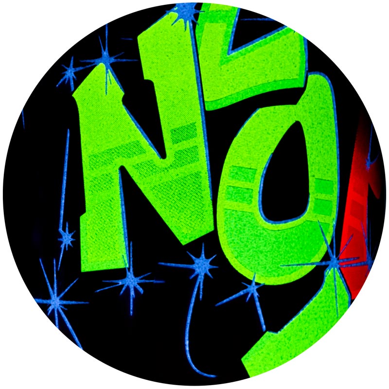 Detail of fluorescent can in the dark light blue sparkling outlines of graffiti letters. The word &quot;neon&quot; also appears in neon green graffiti letters.