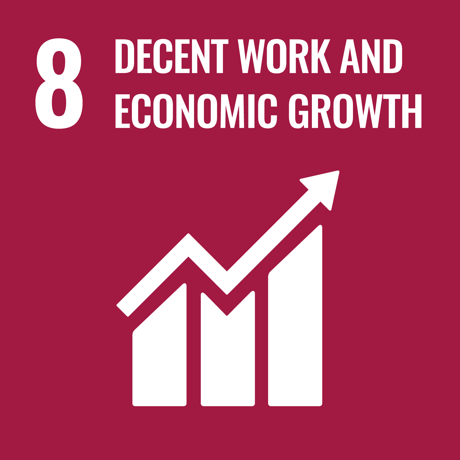 An icon for UN SDG #8 - Decent Work and Economic Growth. It depicts a bar-and-line graph that trends upwards against a dark red background.