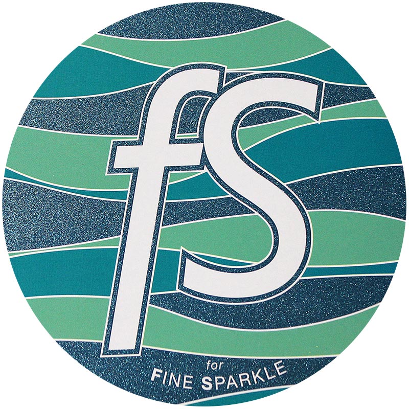 A fine sparkle surface with a big lowercase "f" next to a big upper case "L" with a decorative blue and green wave pattern behind the letters.