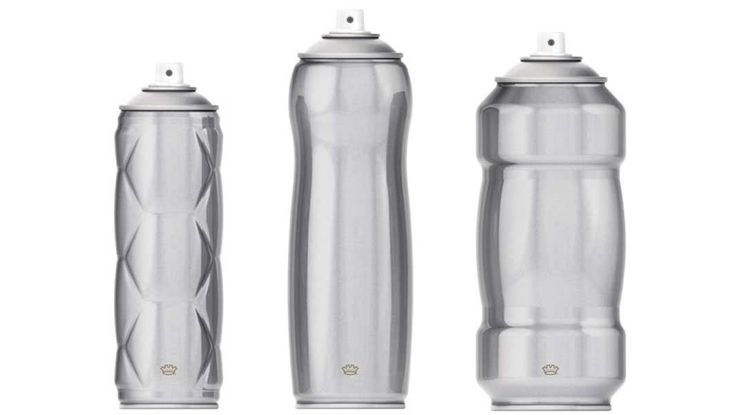 Three spray cans next to each other, shaped in unique ways.