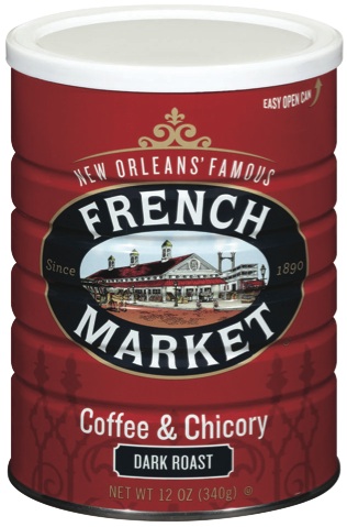 dark red coffee can with the logo of French Market on the front, displaying their coffee and chicory product