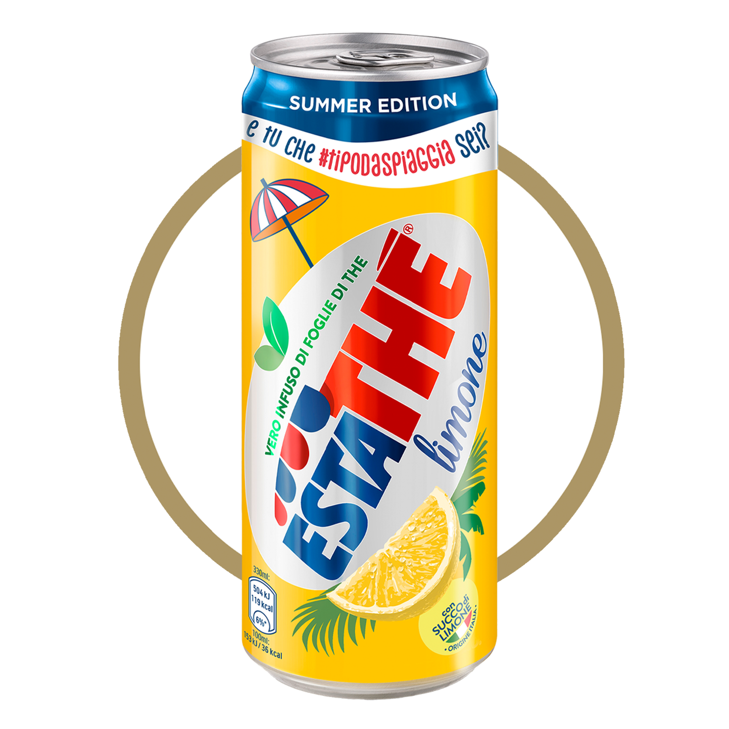 A can of Estathé Limone (Lemon) Summer Edition iced tea, featuring a bright yellow and blue design. The can displays the Estathé logo in bold red and blue letters, a slice of lemon, and a beach umbrella graphic.