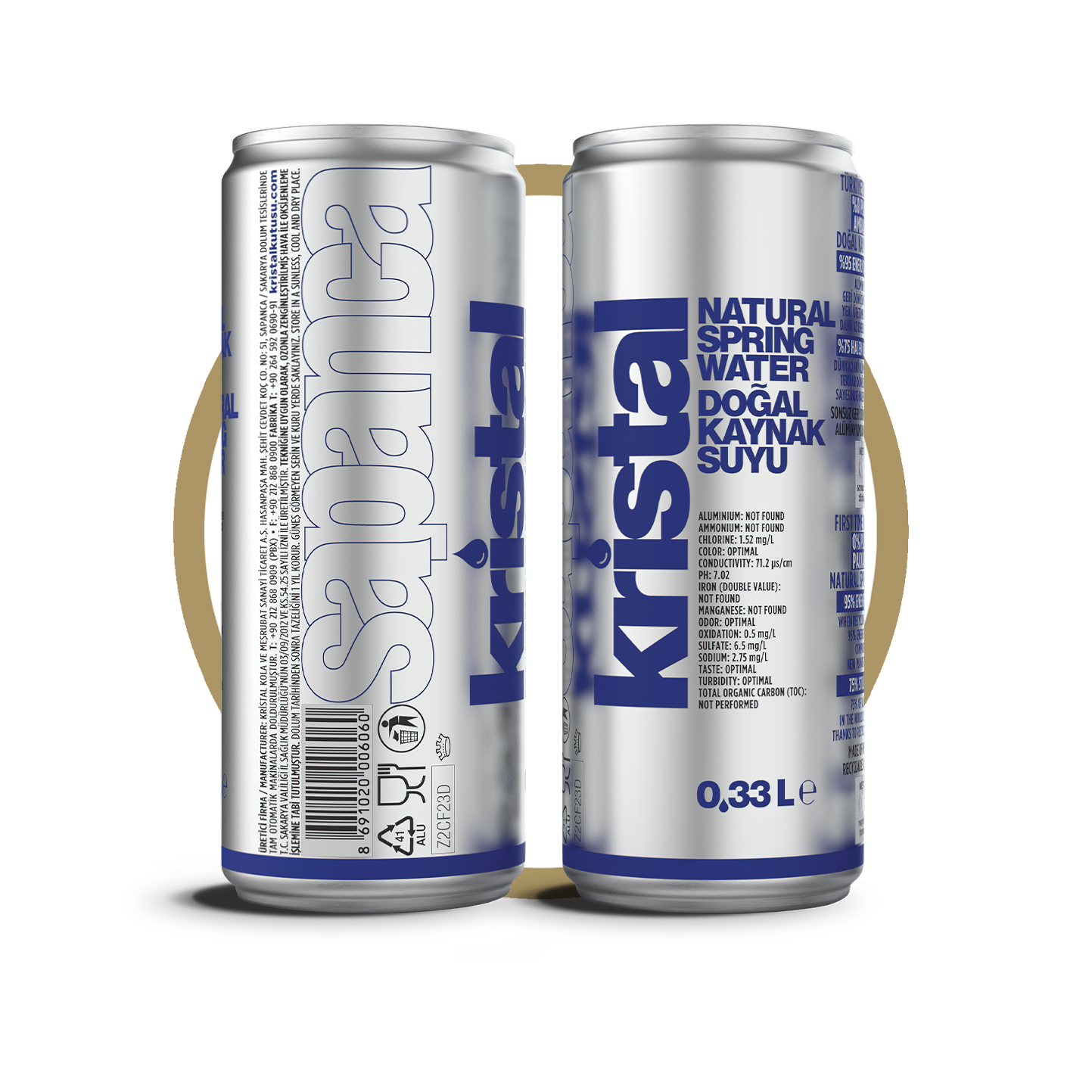 Two silver 0.33L cans of "Sapanca Kristal" natural spring water with blue text. The can design highlights product details, including mineral content and quality indicators. The branding features bold blue lettering, with the word "Kristal" prominently displayed vertically.