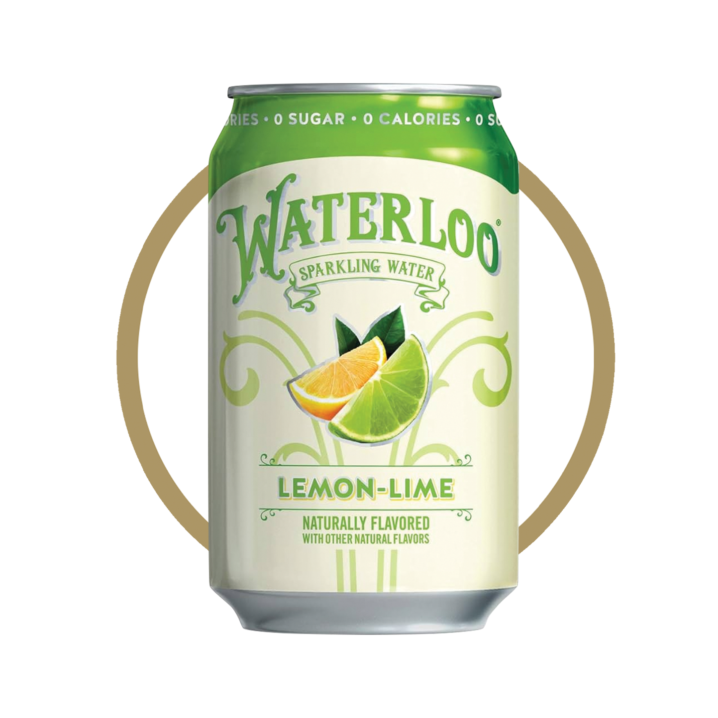 A can of Waterloo Sparkling Water in the Lemon-Lime flavor. The can features a light cream background with green accents and text.