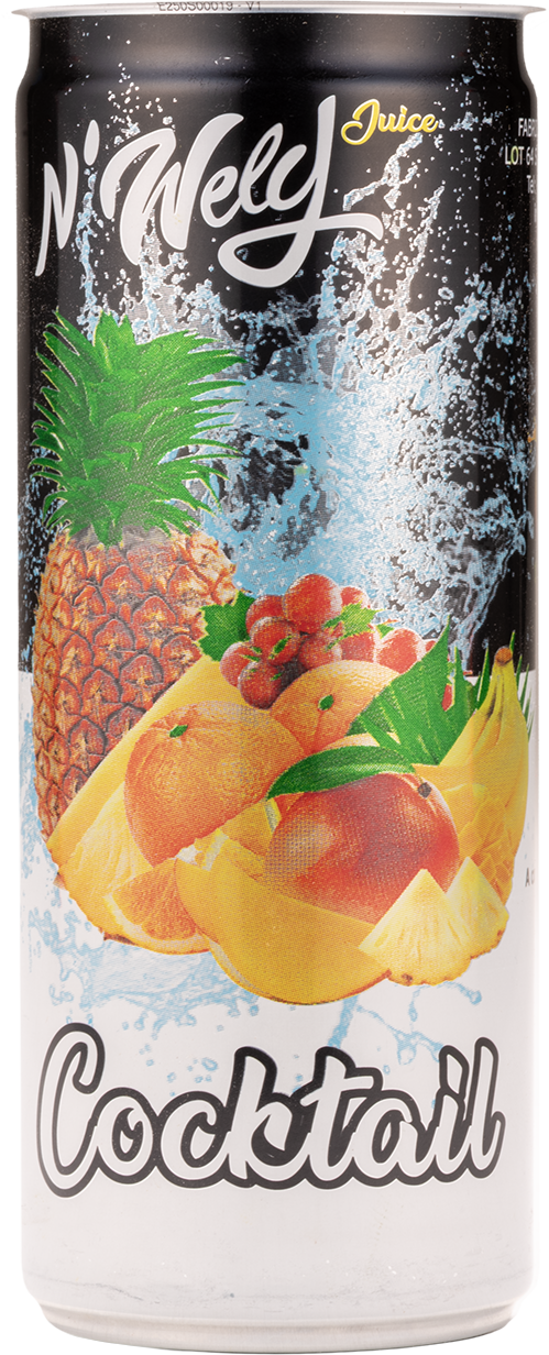 Black and white can with an image of mixed tropical fruits