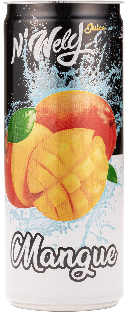 Black and white beverage can with an image of a cut mango 