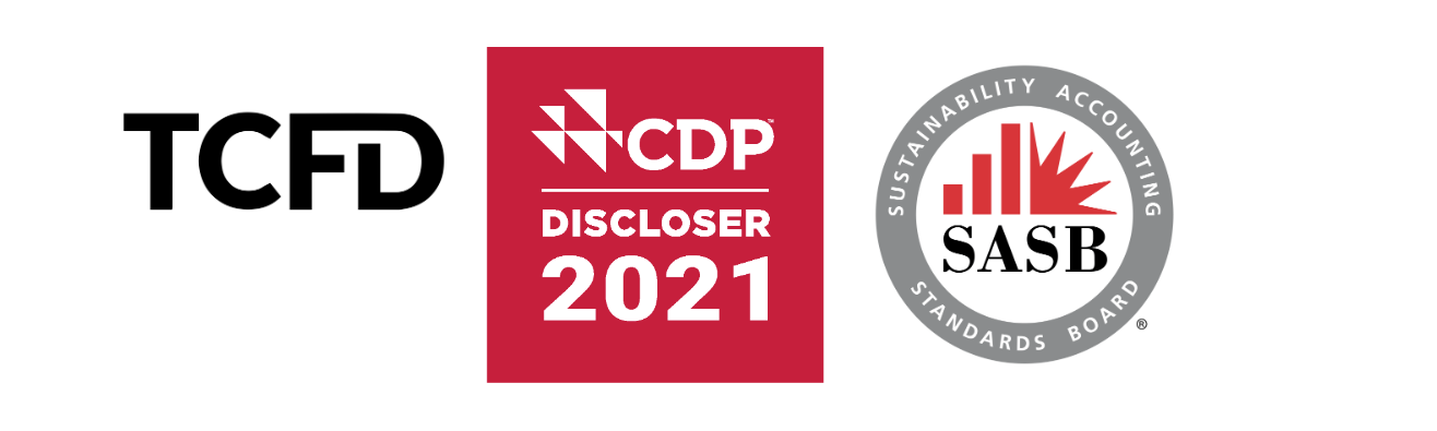 Logos for TCFD, CDP, and SASB.