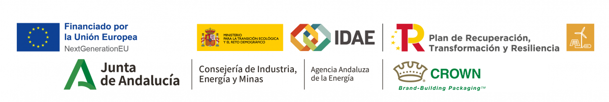 Image of company logos who support are  working towards this intiative including Financiado por la Union Europea, Junta de Andalucia,  Ministerio para la Transicion Ecologica y el Reto Demografico IDEA, Consejeria de Industria, Energia y Minas, y Plan de Recuperacion, Transformacion y Resiliencia