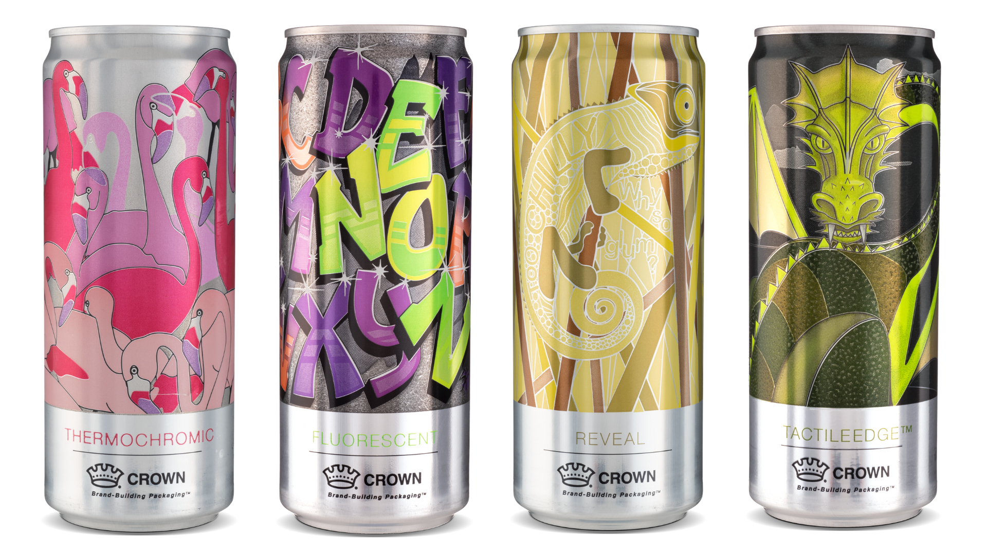 A sample of different beverage can designs by Crown. Beverage Cans by Crown