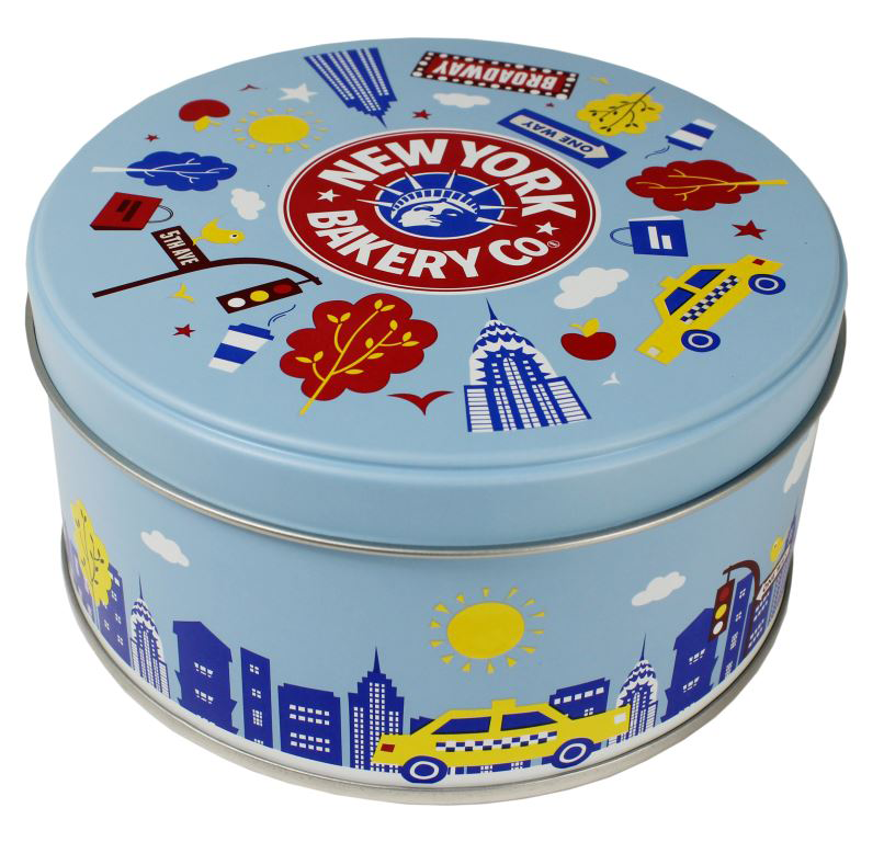 Light blue tin container with pictures of street signs, taxis, and buildings