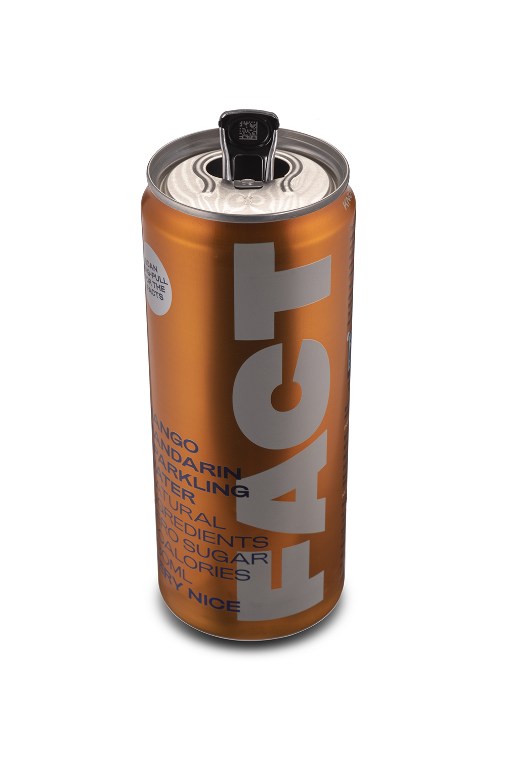 Orange beverage can with FACT written along the side