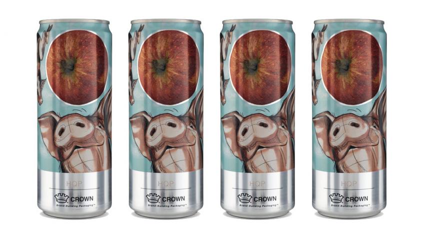 Four cans standing upright with detailed graphics printed on them