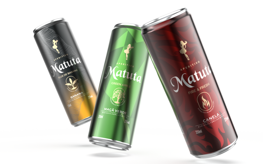 Matuta ready-to-drink cachaça cans in three flavors—banana, green apple, and cinnamon—shown in sleek aluminum packaging with vibrant black, green, and red designs.