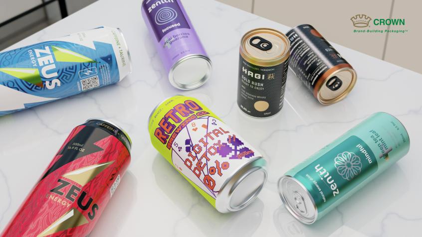 Crown cans on a marble countertop