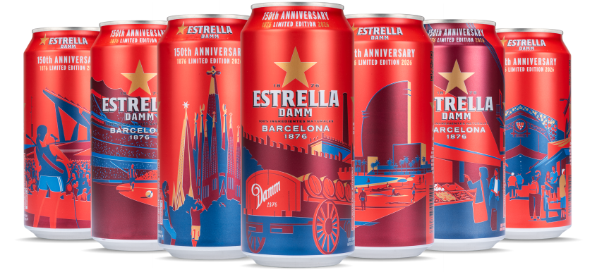 Seven red Estrella Damm 150th anniversary limited-edition beer cans, each featuring Barcelona-inspired illustrations of landmarks, culture, sports, beaches, markets, and the historic brewery in red, blue, and gold tones.