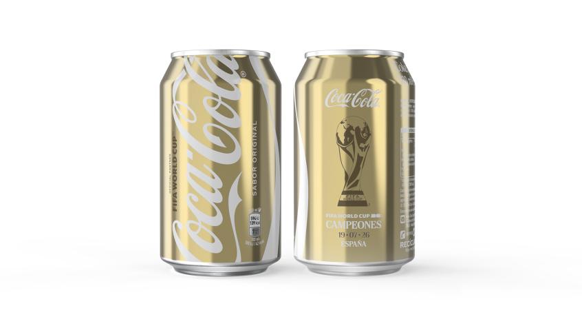 Front and back views of a limited-edition gold Coca-Cola can featuring the FIFA World Cup trophy and Spain champions design.