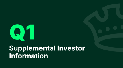 Supplemental Investor Information slide with a dark green background, featuring “Q1” in bright green at the top left and a subtle crown graphic on the right.