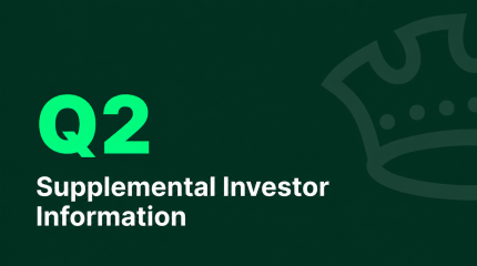 Q2 Supplemental Investor Information title slide with large bright green 'Q2' text on a dark green background, white 'Supplemental Investor Information' heading below, and a subtle oversized crown watermark graphic on the right side.