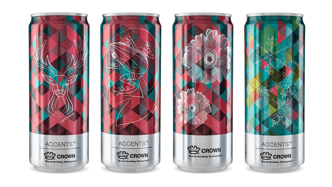 Accents_External-Use-2x.jpeg four tall slim custom cans with different patterns: deer, frogs, flowers and snowflakes printed using variable printing technology