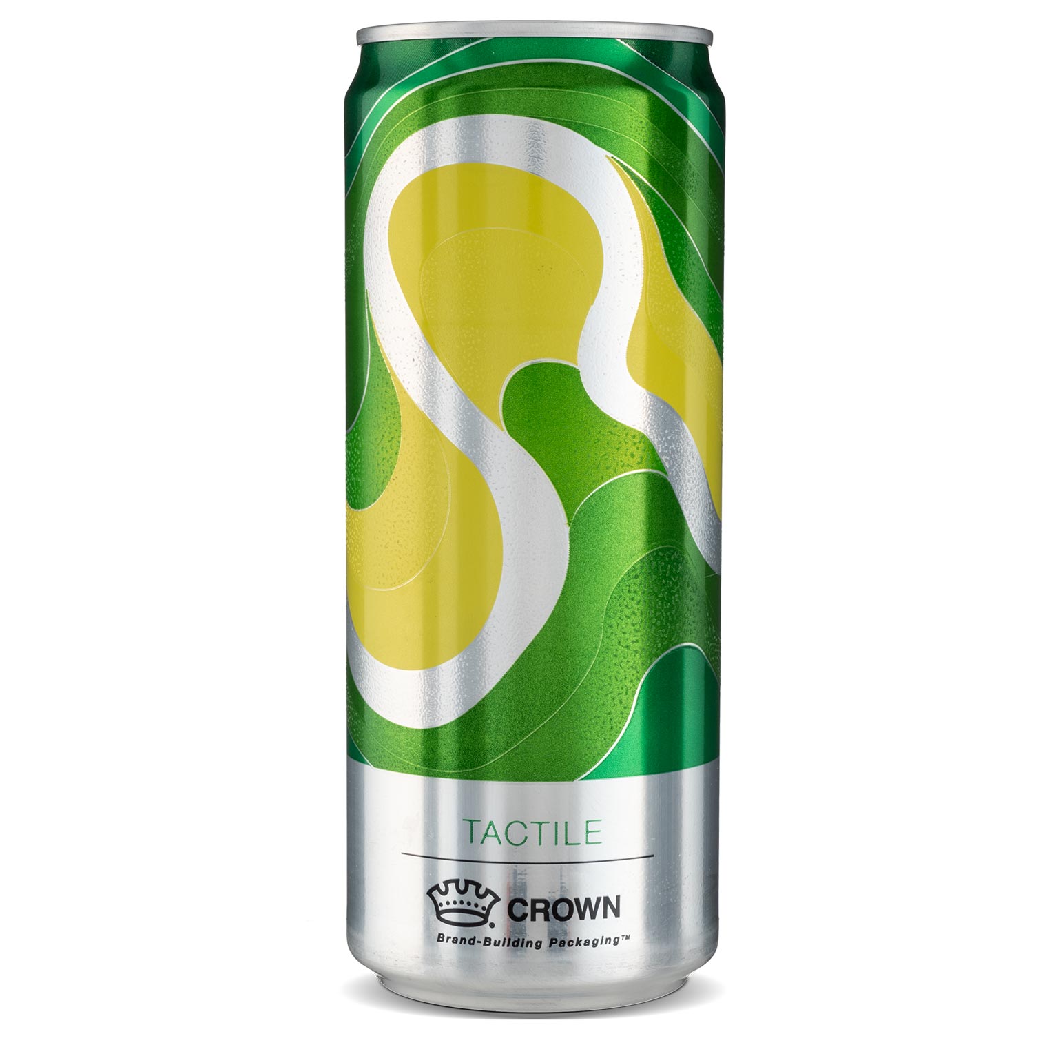 Tactile-can-2x.jpeg Can is upright showing green and yellow swirls mixed with glossy and textured surfaces.