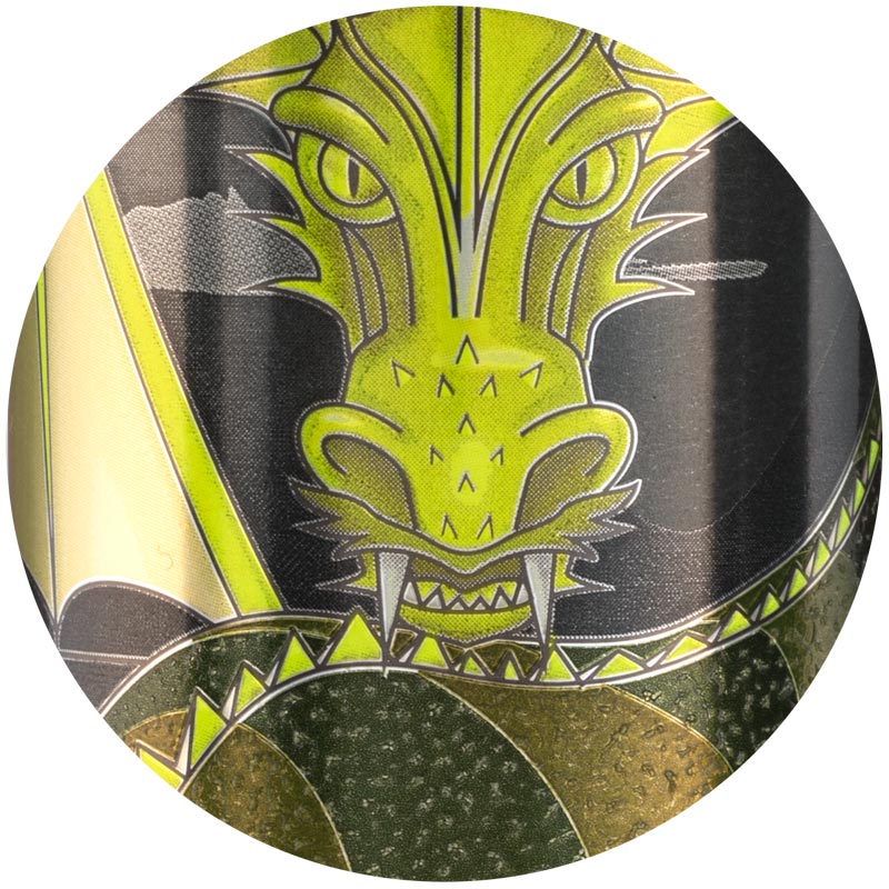 TactileEdge-2x_0.jpeg Can is upright showing a green and yellow dragon with a mix of smooth and textured features for the face, tail and body.