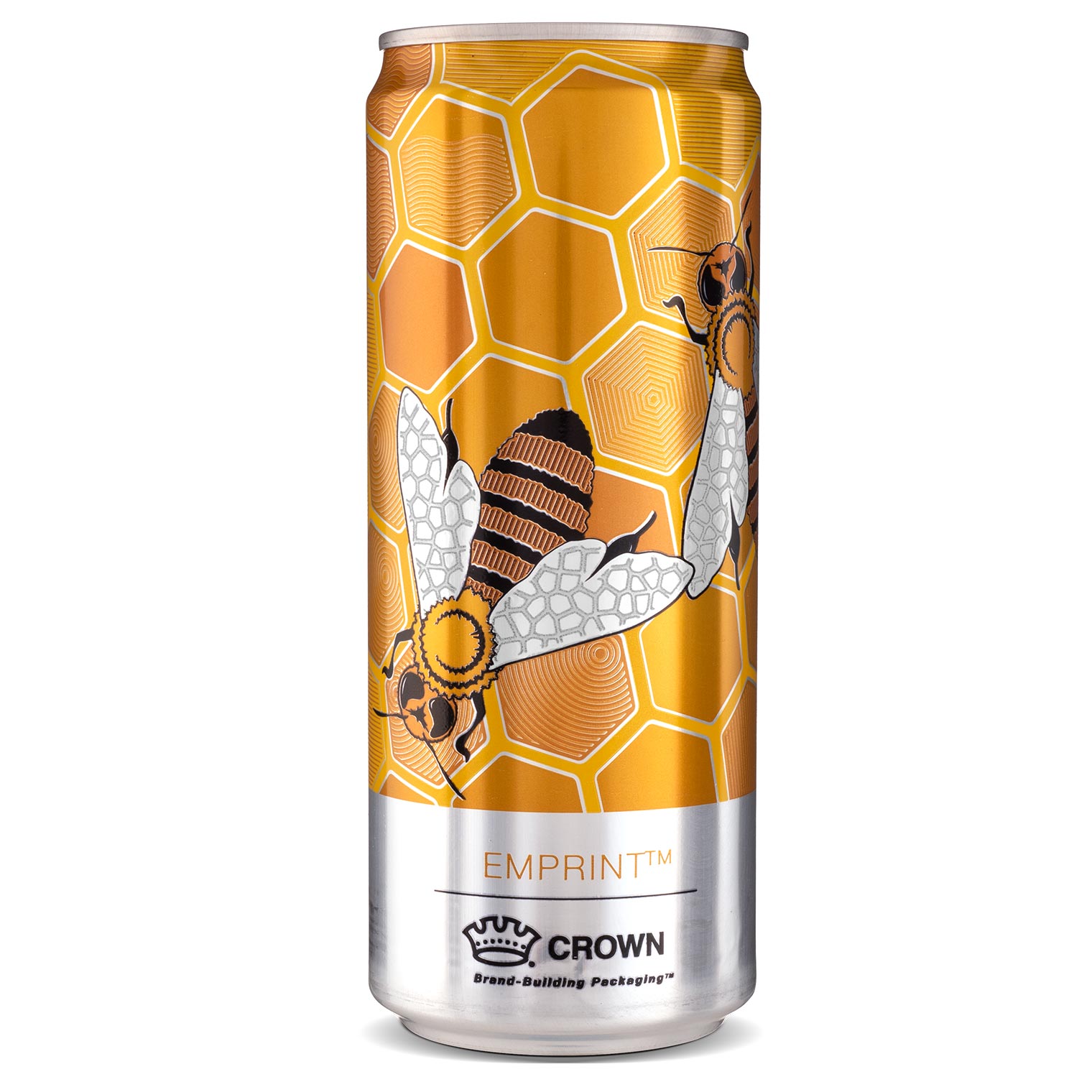 emprint-can-2x.jpeg Can is upright showing a glossy and matte texture of bees with detailed designs you can feel on your hand on a honeycomb pattern