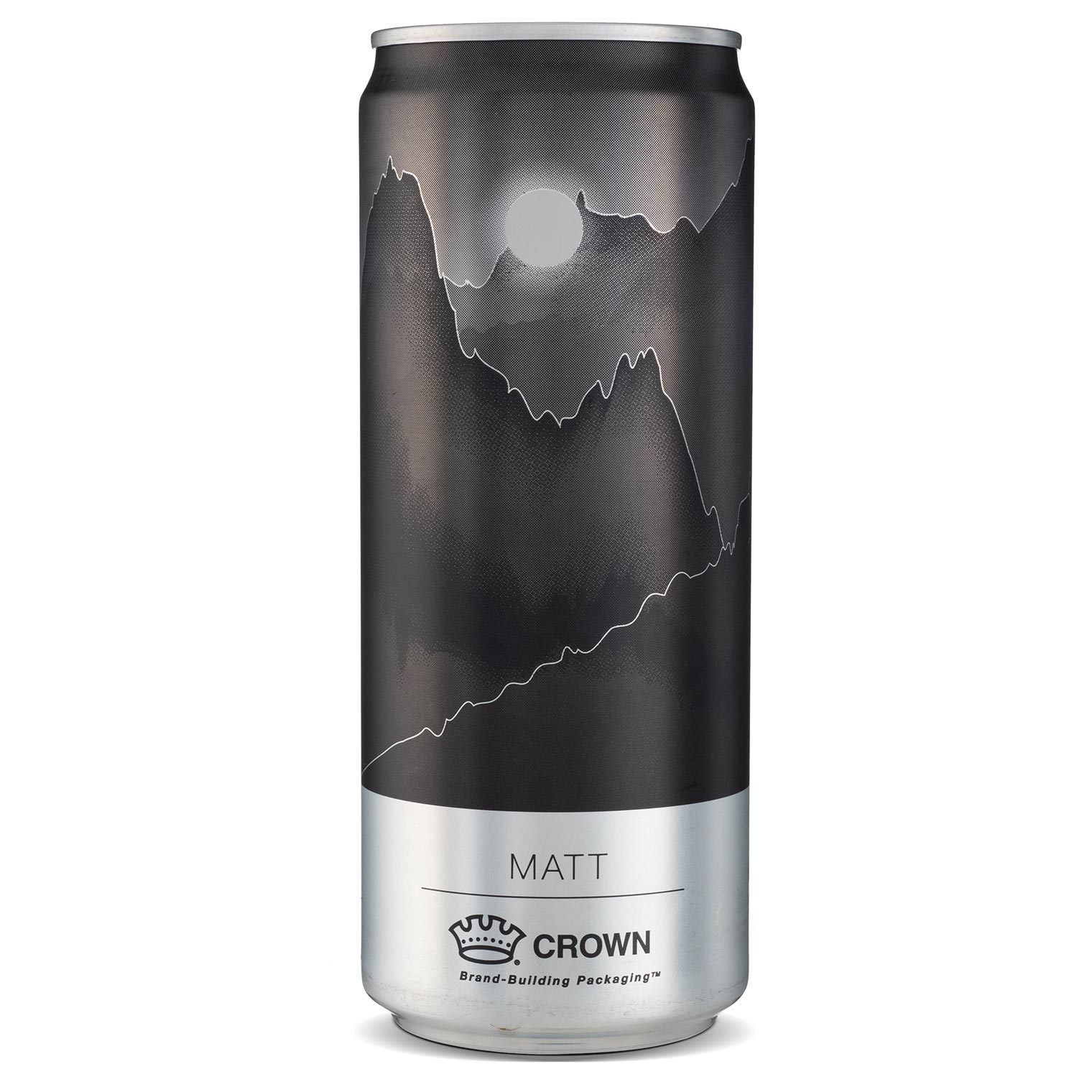 matte-can-2x.jpeg Full matte can with dark and light gray mountain pattern with a white sunburst above the mountains