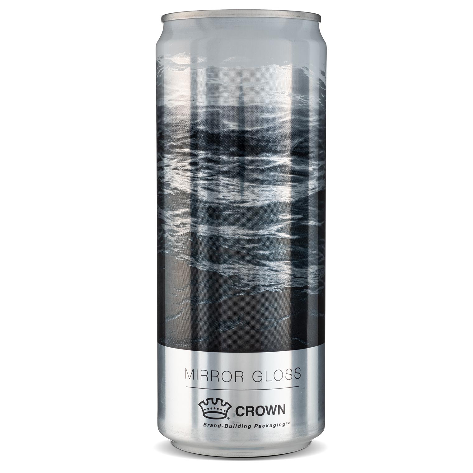 mirror-glass-can-2x.jpeg Full mirror gloss can, showing glossy black-and-white waves in the sea on a silver background