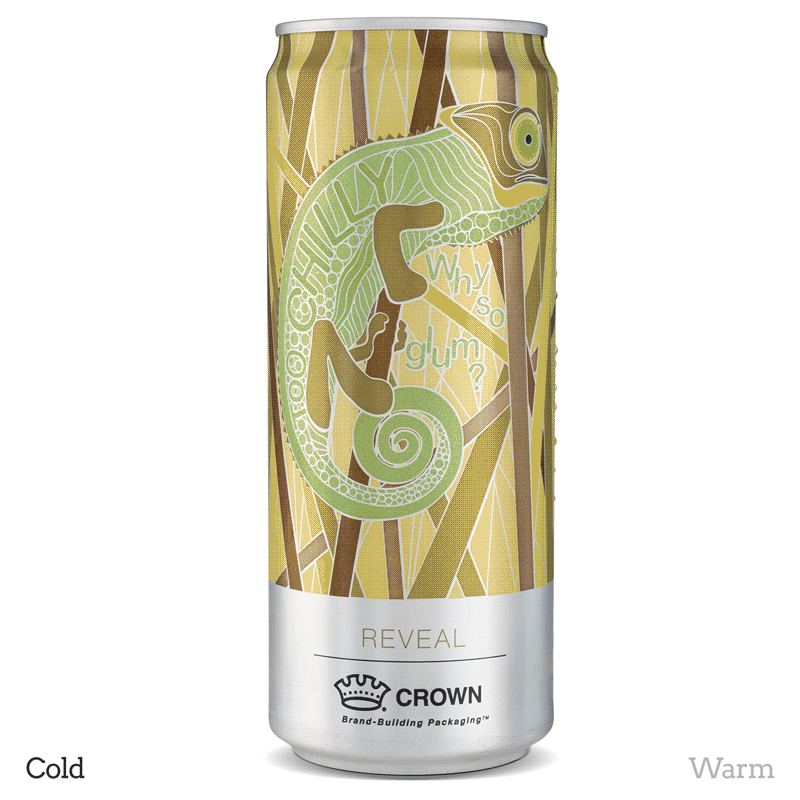 reveal.gif Image on can changing colors of the chameleon and background text from green to yellow when can goes from cold to warm