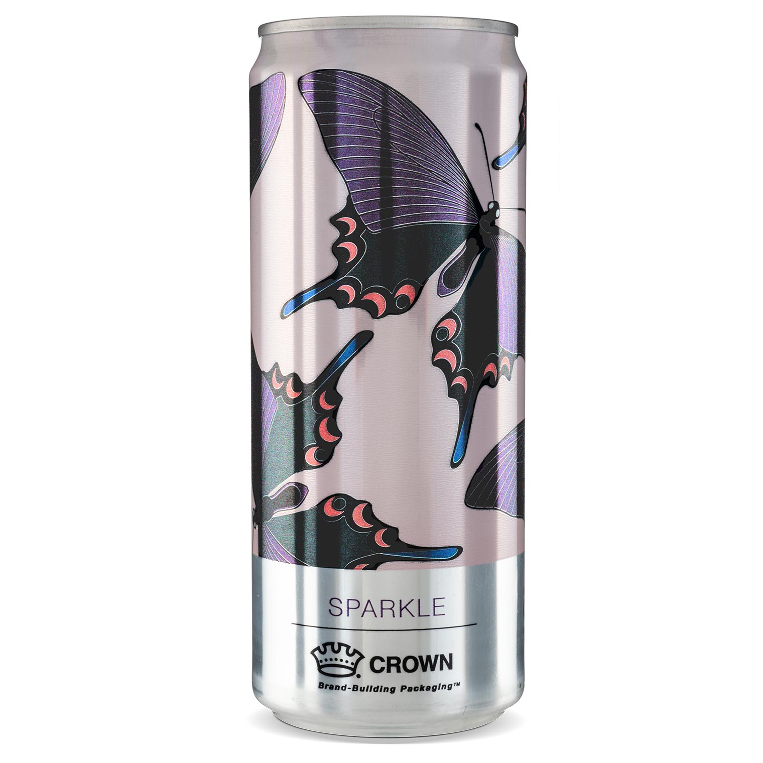 sparkle-can-2x.jpeg Full size sparkle custom printed aluminum can showing a purple and black butterflies with pink and blue details on a pinkish-silver background.