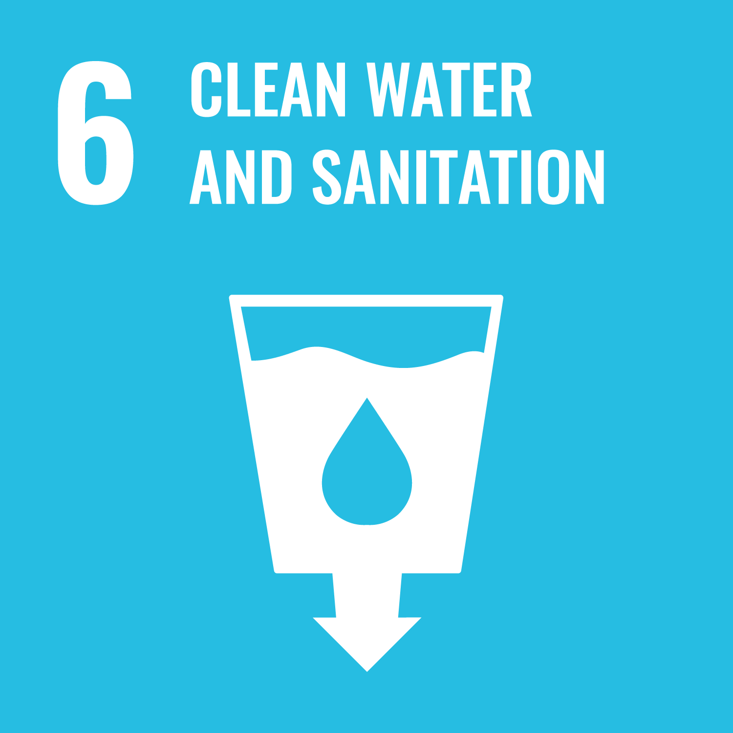An icon for UN SDG #6 - Clean Water and Sanitation. It depicts a glass of water against a blue background.