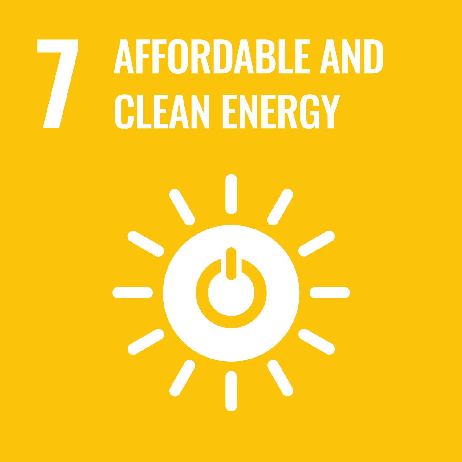 An icon for UN SDG #7 - Affordable and Clean Energy. It depicts a drawing of a sun with a power button in the middle against a yellow background.