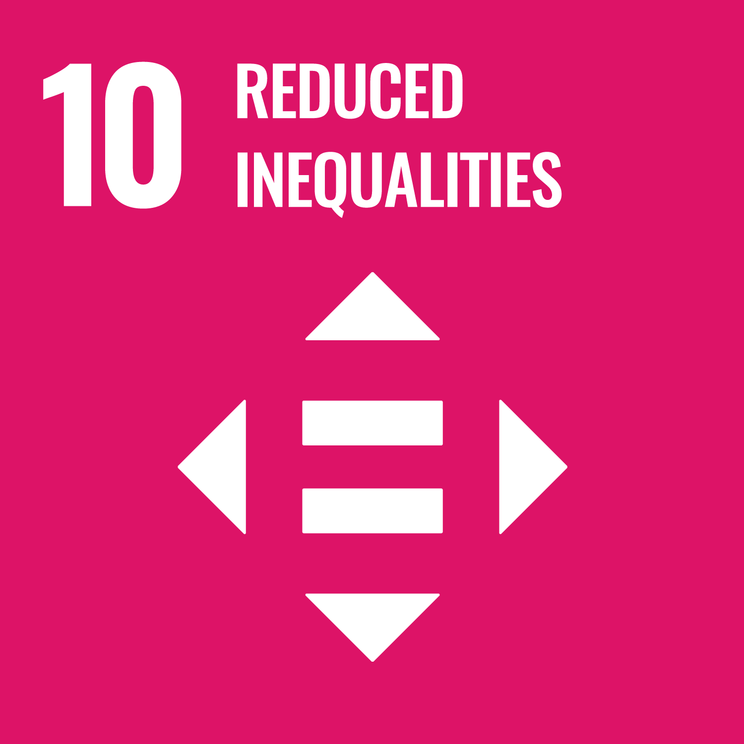 An icon for UN SDG #10 - Reduced Inequalities. It depicts an equals sign with four arrows pointing outwards in each direction against a pink background.
