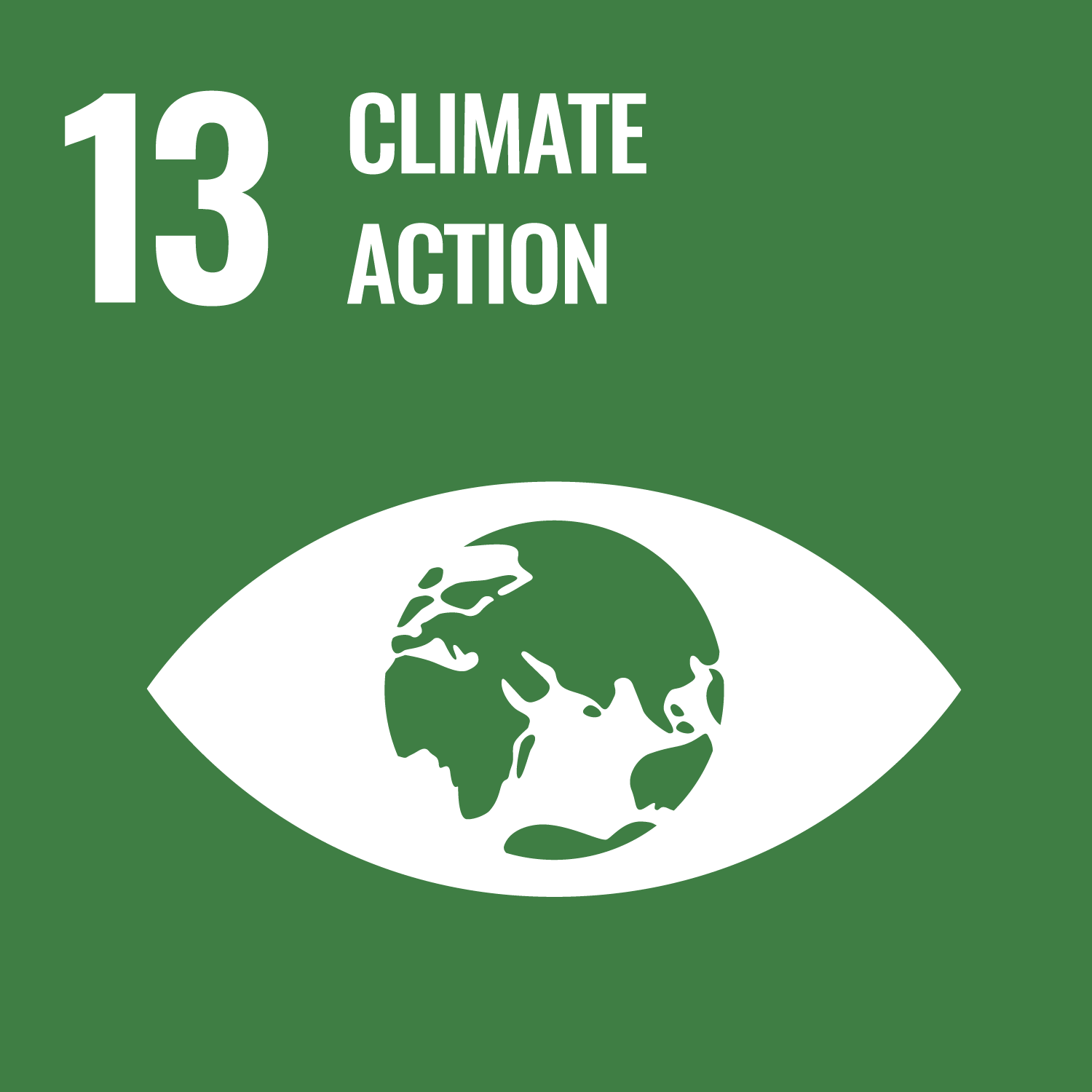 An icon of UN SDG #13 - Climate Action. It depicts a drawing of an eye with a drawing of a globe in the middle against a dark green background.