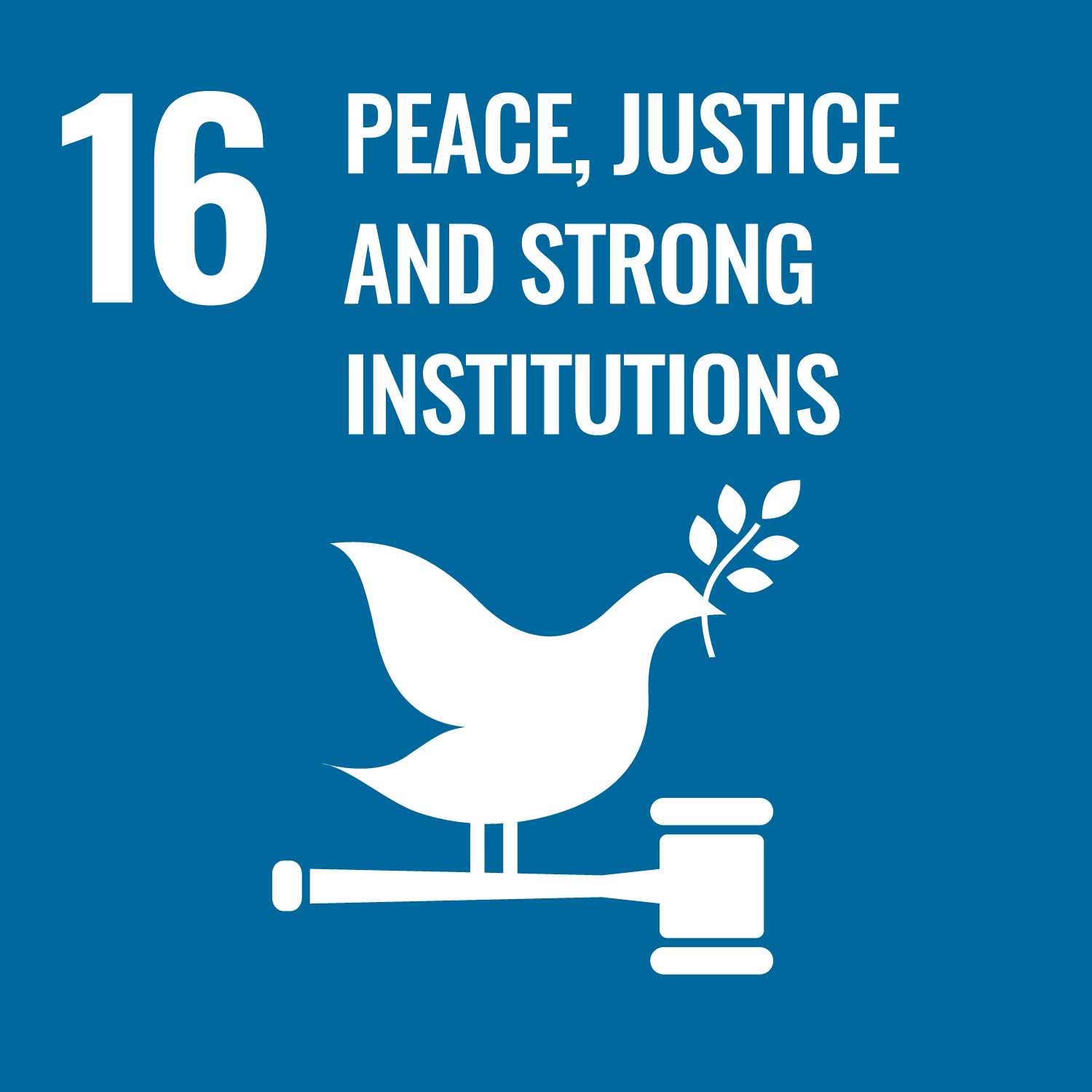 An icon of UN SDG #16 - Peace, Justice and Strong Institutions. It depicts a dove holding an olive branch standing on a gavel against a dark blue background.