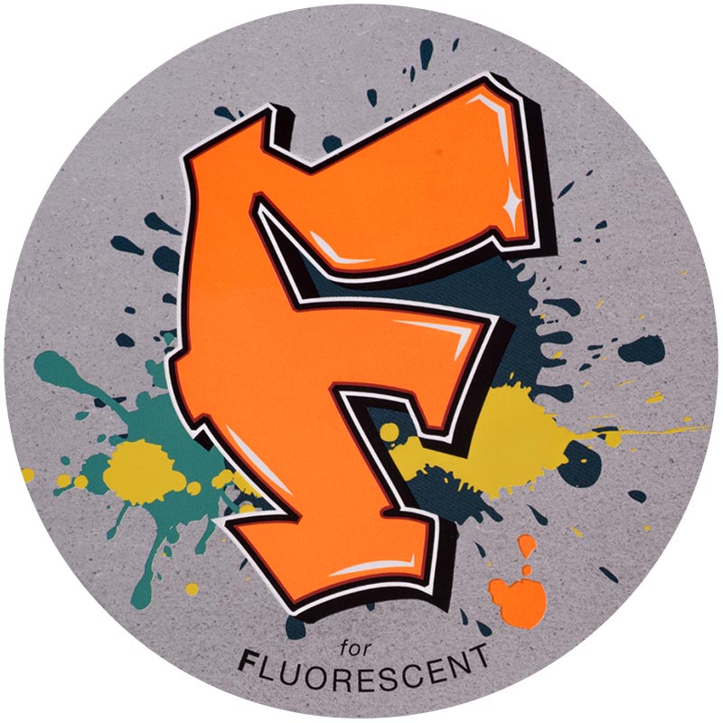 Fluorescent-2x.jpeg A fluorescent finish with a graffiti-style capital "F" with splotches of different colored paint behind the F.