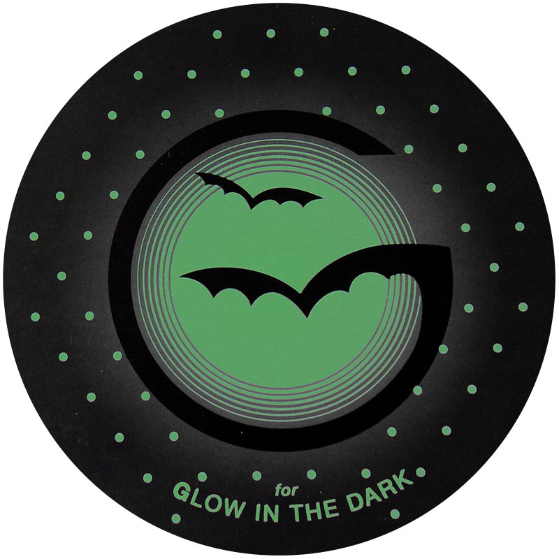 Glow-in-the-dark-2x.jpeg A depiction of a glow-in-the-dark finish, with a black capital "G" against a green background. The spur of the "G" has been designed to resemble the silhouette of a bat in flight!