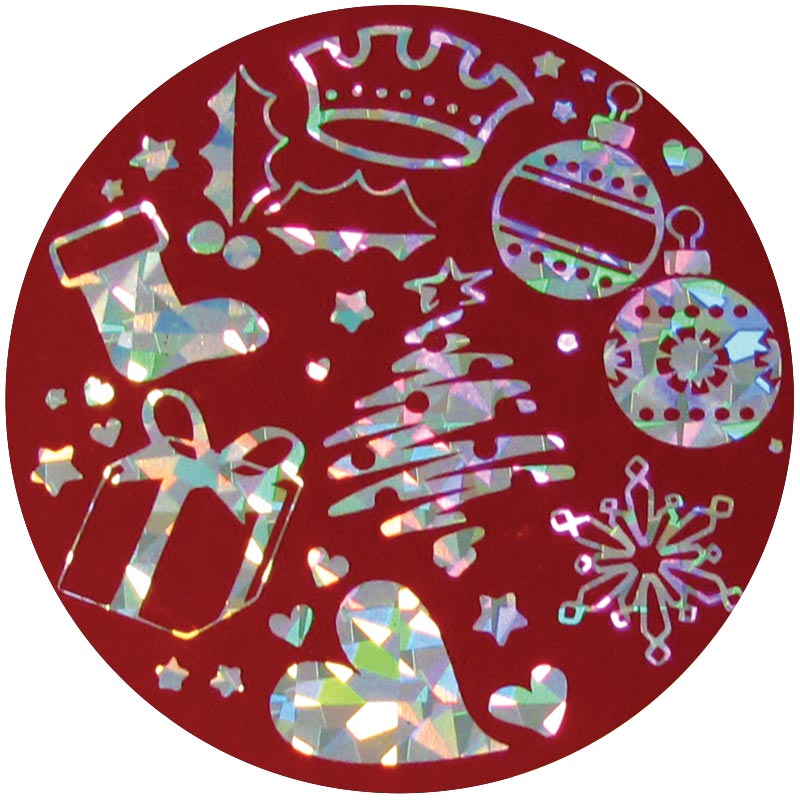 HoloCrown-2x.jpeg A red surface with several shiny holographic stickers on it, including Christmas iconography, some hearts, and the Crown logo.