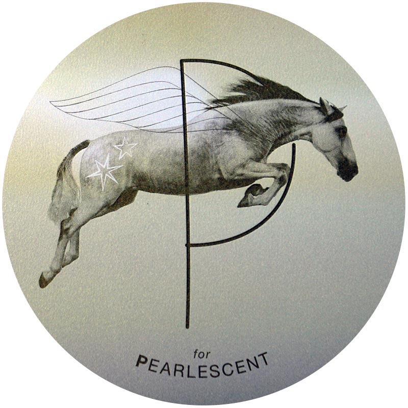 Pearlscent-2x.jpeg A pearlescent finish depicting a skinny capital "P" against a light grey background. A drawing of a horse with wings and stars on its legs is jumping through the hoop of the "P."