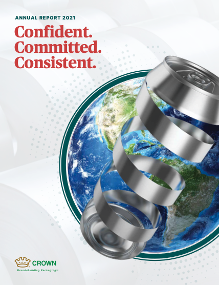 Cover: Annual Report 2021 Confient. Committed. Consistent. Spiral cut beverage can over a globe.