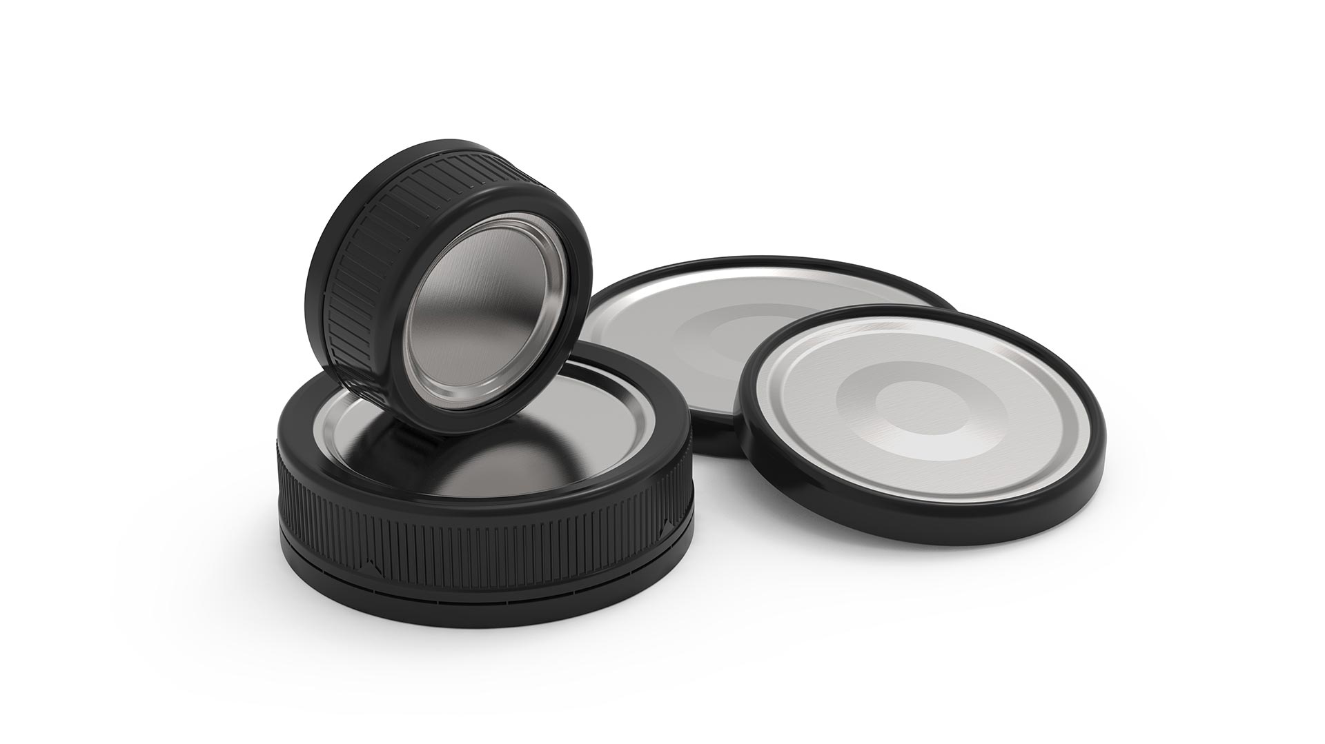 Various closures with black composite rims and metal tops