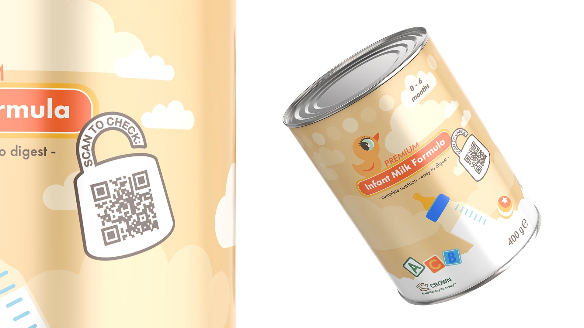 A QR code inside a padlock shape on a can of infant formula that says "scan to check"