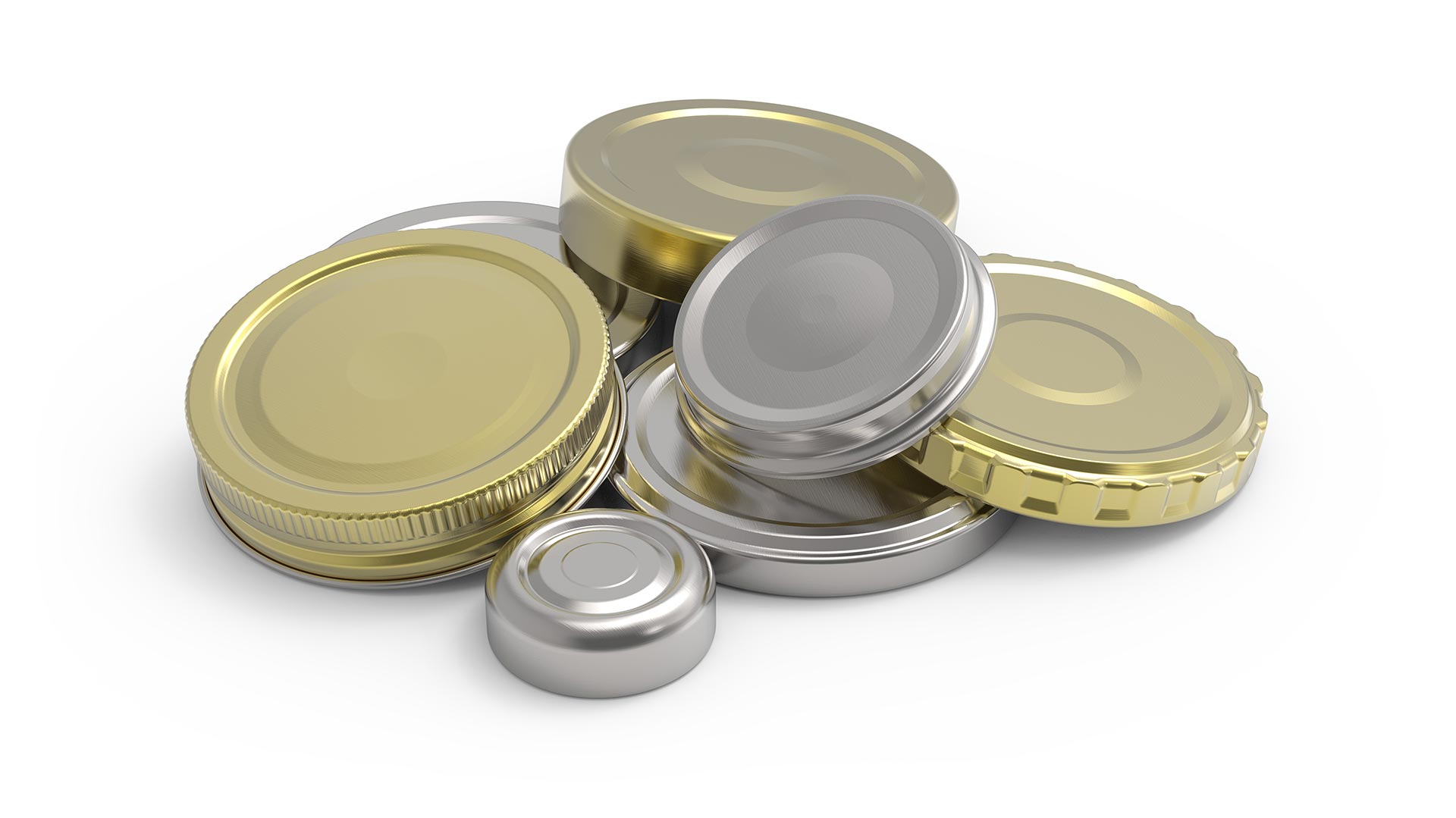 Various brass and silver colored metal jar closures in a pile