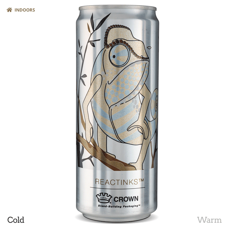 Reactinks-Indoors.gif A chameleon on a can that changes from all silver to gold with gray stripes