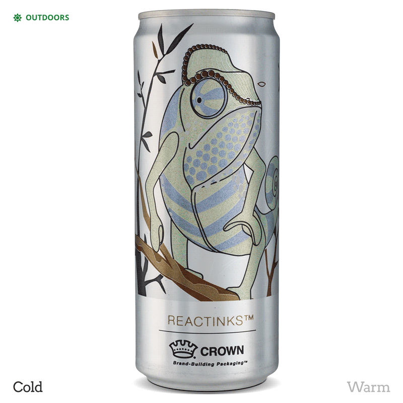 Reactinks-Outdoors.gif A chameleon on a can that changes from green with blue stripes to turquoise with purple stripes