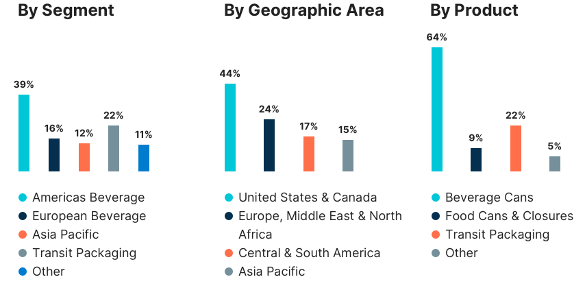 Graphs showing sales by segment, geographical area and product