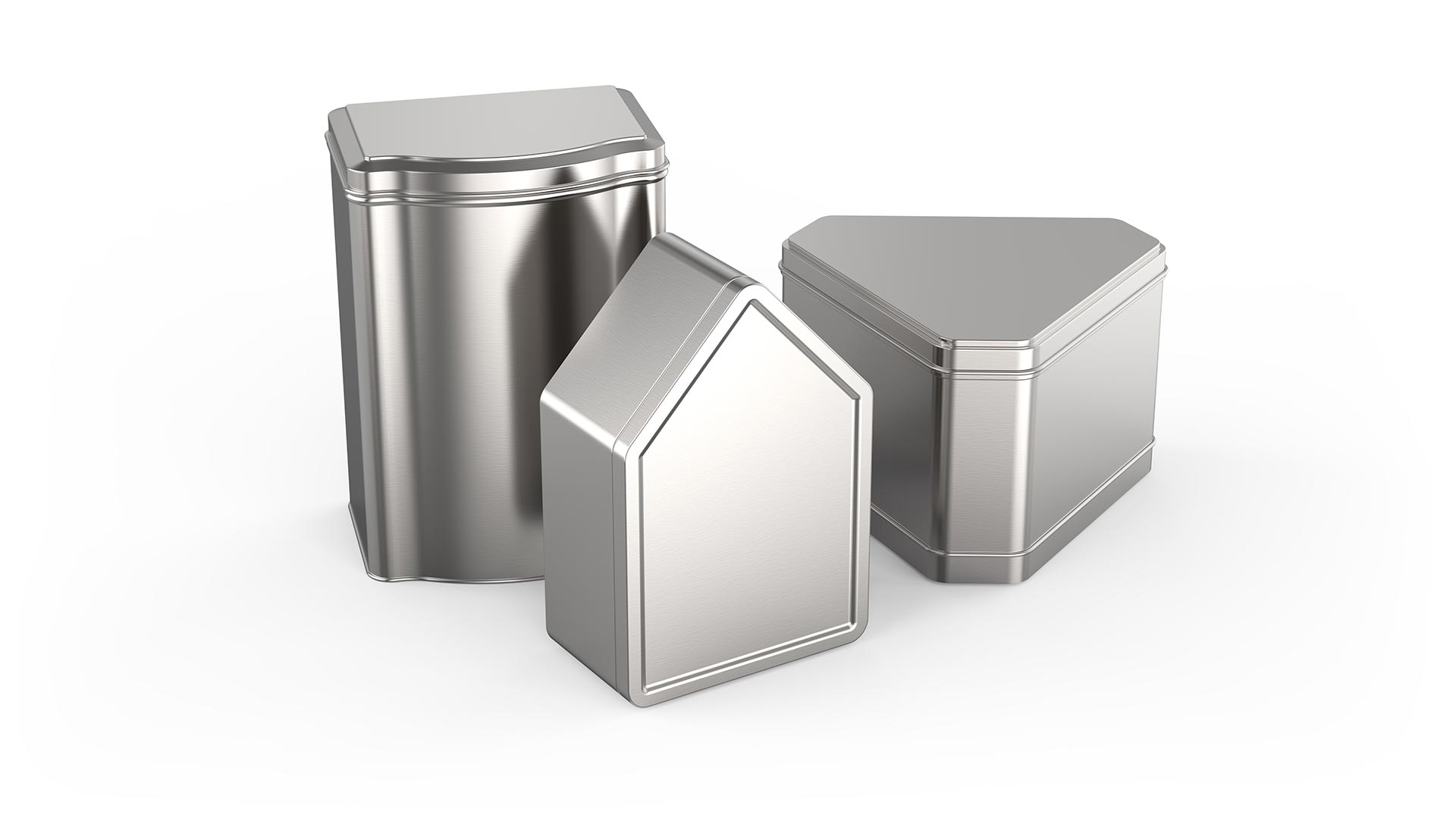 A collection of differently shaped silver tins.