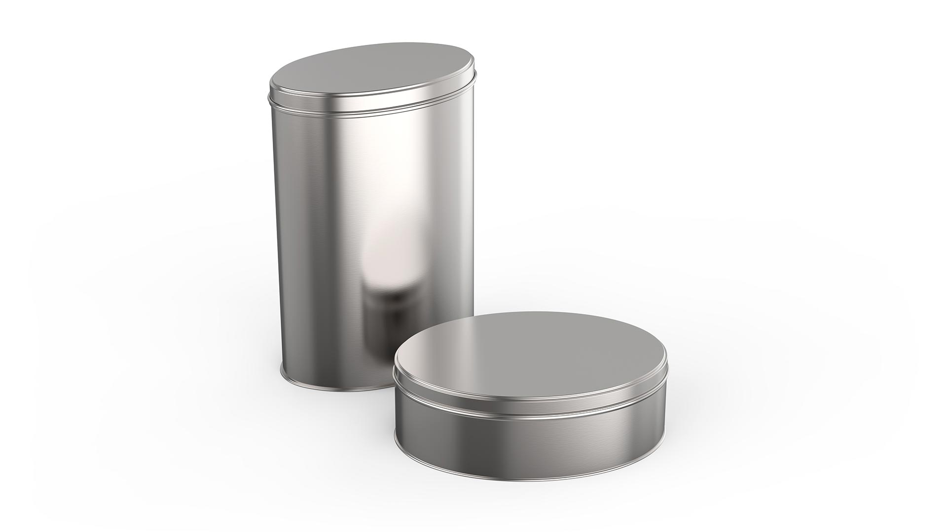 Two silver oval tins stand next to each other.